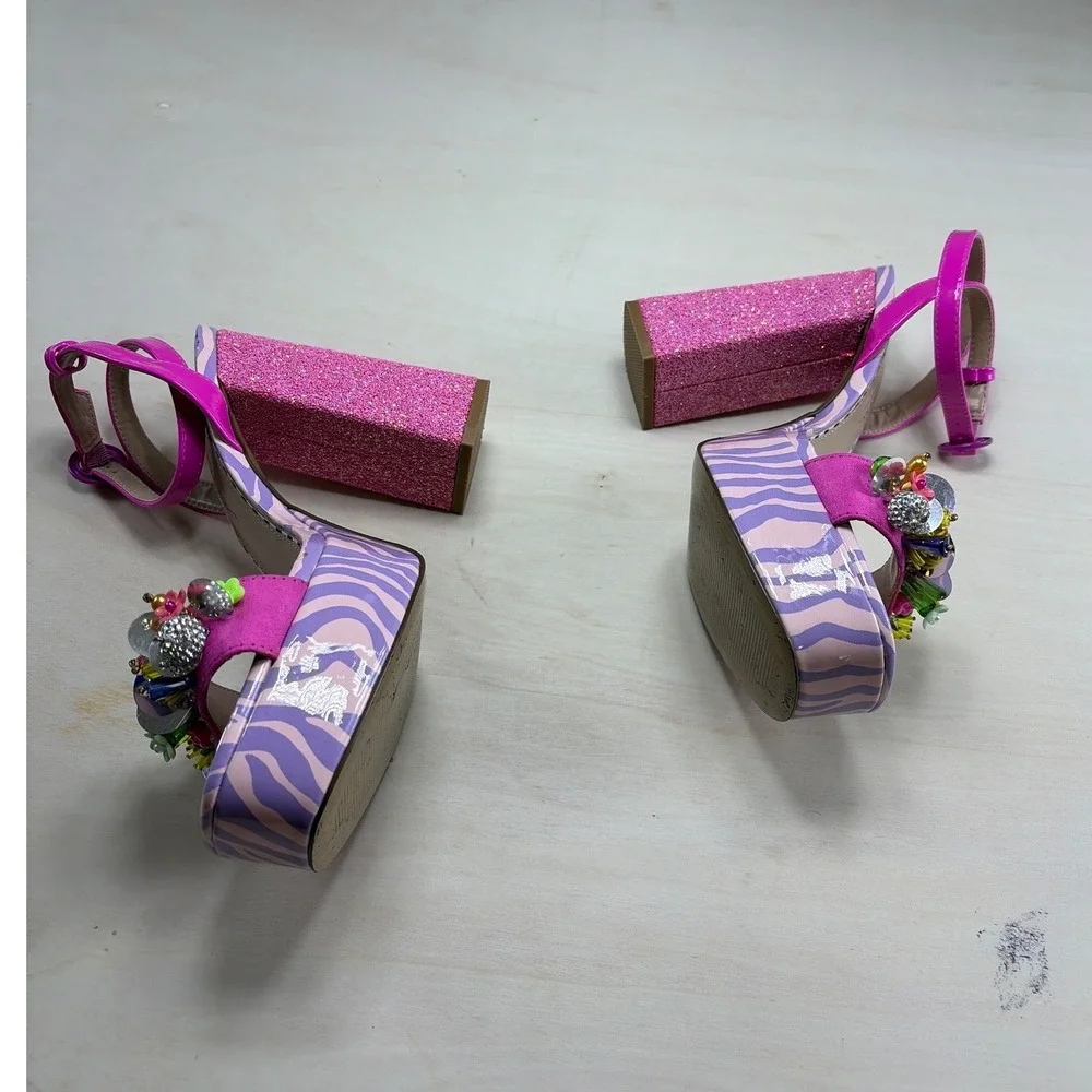 Betsey Johnson Zebra Print Pink Glitter Embellished Platform Block Heel Sandals
